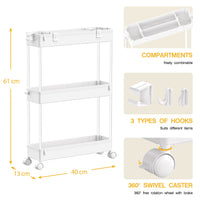 1 x RAW Customer Returns SPACEKEEPER 3-Tier Rolling Cart, Kitchen Cart, Niche Shelf on Wheels, Utility Cart with 6 Hooks and 2 Containers, White - RRP €19.07