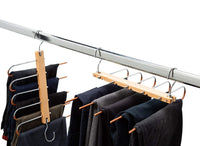 1 x RAW Customer Returns Pack of 2 trouser hangers, space-saving, multiple - 5 in 1 trouser hangers made of wood and stainless steel, extendable - foldable multi hangers - clothes hanger holder - Magic Pant Hangers - RRP €26.81