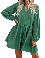 1 x RAW Customer Returns FANCYINN Summer Dress Women Short Tunic Dress V-Neck Flounce Loose Swing Mini Dresses Dark Green Long Sleeve L - RRP €32.99