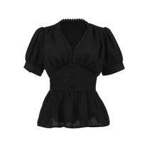 1 x RAW Customer Returns FCCAM Victorian Blouse Women Steam Punk Blouse V-Neck Top Renaissance Blouse Medieval Ruffle Blouse Short Sleeve Gothic Blouse Black L - RRP €36.29