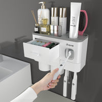 1 x RAW Customer Returns iHave Toothbrush Holder for Bathroom Decoration, 2 Cup Toothbrush Holder Wall with Toothpaste Dispenser, Bathroom Accessories with Large Capacity Tray, Cosmetic Drawer - RRP €24.99