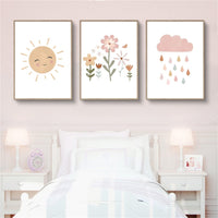 2 x Brand New EXQULEG set of 3 wall pictures for children s room, baby room poster, rainbow sun cloud flowers and butterflies, pictures DIN A4 girls boys boho decoration decoration ABC  - RRP €17.08