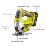 1 x RAW Customer Returns DEWINNER 20V 2.0Ah cordless jigsaw, 5 saw blades for wood, metal, PVC, ceramic cutting, tool-free blade change, 0-2400 SPM, 0-45 , plastic box - RRP €79.99