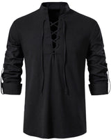 1 x RAW Customer Returns YAOHUOLE Linen Shirt Men Long Sleeve Men Long Sleeve Comfortable Lace Up Pirate Shirts Black 3XL - RRP €25.19