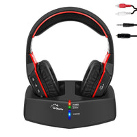 1 x RAW Customer Returns WallarGe wireless headphones for TV, over-ear wireless headphones with 5.8GHz RF digital charging station with a range of 33 m for TV HiFi, transmitter with optical and aux port black red  - RRP €70.58