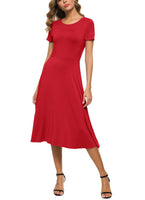 1 x RAW Customer Returns EXCHIC Women s Casual Round Neck A-Line Short Sleeve Midi Dress Summer Stretchy Knee Length Casual Dresses L, Red  - RRP €33.05