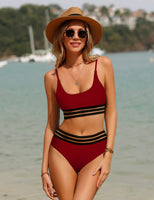 1 x RAW Customer Returns TOMEEK Women s Bikini Set with Mesh Two Piece Swimsuit Push up Padded High Cut Sports Swimwear High Waist Bikinis for Women Wine Red, L  - RRP €31.25