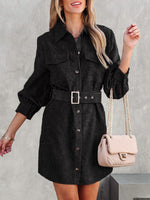 1 x RAW Customer Returns Uusollecy blouse dress women corduroy long-sleeved shirt dress with belt, mini length corduroy dress with pocket and button placket black M - RRP €41.34