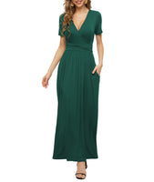 1 x RAW Customer Returns DEARCASE Women s Casual Dress V-Neck Short Long Sleeve Floral Pattern Wrap Maxi Long Dress for Women with Pockets, Dark Green S - RRP €25.99