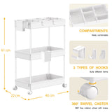 1 x RAW Customer Returns SPACEKEEPER 3-Tier Rolling Cart, Niche Shelf on Wheels for Laundry, Bathroom, Kitchen Cart with 6 Hooks and 2 Containers, White - RRP €26.99