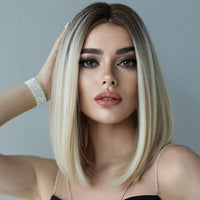 1 x RAW Customer Returns PORSMEER Wig Blonde and Brown Long Straight Ombre Wigs for Women, Dark Root Middle Part Full Natural Like Real Hair Party Costume Wig Women s 36 cm 14 Inches - RRP €23.27