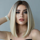 1 x RAW Customer Returns PORSMEER Wig Blonde and Brown Long Straight Ombre Wigs for Women, Dark Root Middle Part Full Natural Like Real Hair Party Costume Wig Women s 36 cm 14 Inches - RRP €23.27