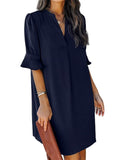 1 x RAW Customer Returns ANFTFH Summer Dress for Women Summer Tunic Dress V-Neck Casual Loose Flowy Swing Shift Dress Blue M - RRP €33.04