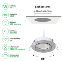 1 x Brand New YanFeiYit LED Recessed Ceiling Spotlights Lamp Recessed Ceiling Spotlight Dimmable Swivel Flat 68mm 38 230V 5W Pack of 5 - Warm White  - RRP €40.33