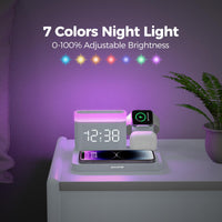 1 x RAW Customer Returns 5 in 1 charging station Apple Watch with alarm clock 7 night lights, 0-100 dimmable, charging indicator, inductive wireless charger, wireless charger for iPhone 15 14 13 12 Pro Pro Max, AirPods3 2 1 Pro - RRP €50.66