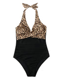 1 x RAW Customer Returns RXRXCOCO Women s Swimsuit Tummy Control Push Up Shape Swimwear Halterneck Swimsuit Backless Black Leopard M - RRP €39.99