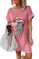 1 x RAW Customer Returns Uusollecy Summer Dress Women s T-Shirt Dresses Round Neck Short Sleeve Mini Dress Leopard Lip Printed Casual Dress Blouse Dress Pink XL - RRP €27.99