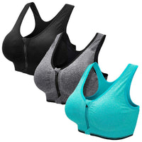 1 x RAW Customer Returns Zoerea Sports Bra Women Push Up Zip Front, 3 Pack Impact Yoga Bra, Size XL Fit 85D 90A 90B 90C 90D, Black, Grey and Green - RRP €31.99