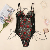 4 x Brand New KOEMCY Sexy Lingerie Women s Body Sexy Lace Bodysuit Deep V-Neck Underwear Negligee Teddy Babydoll Floral Embroidery One Piece Erotic Lingerie Black-2.M  - RRP €55.92