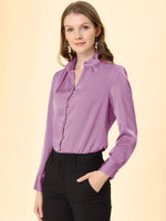 1 x Brand New Allegra K Women s Long Sleeve Ruffle V Neck Buttons Satin Shirt Blouse Purple M - RRP €27.55