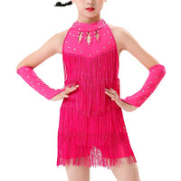 1 x RAW Customer Returns Yyyuluo Girls Tassel Latin Dance Clothes Sleeveless Salsa Dance Dresses Fringe Strap Dress Ballroom Dance Costume Tango Dance Rumba Ballroom, Rose 160cm Smaller Sizes  - RRP €27.02