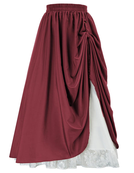 1 x Brand New Womens Victorian Plus Size Skirt with Ruffle Lace Hem Elastic Waist Medieval Maxi Skirt 22W Plus Size Red Wine - RRP €35.88