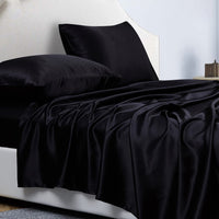 1 x RAW Customer Returns Fitted sheet 4-piece satin shiny plain, 180x200 cm for mattresses up to 36cm, bed sheet set with bed sheet, fitted sheet, 2 pillowcases - black - RRP €49.99