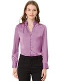 1 x Brand New Allegra K Women s Long Sleeve Ruffle V Neck Buttons Satin Shirt Blouse Purple M - RRP €27.55