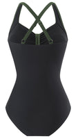 1 x RAW Customer Returns Laorchid swimsuit women tummy control for women swimwear V neck swimsuit monokini high waist sport swimsuit ruffles dark green with black XXL - RRP €40.33