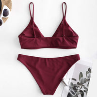 1 x RAW Customer Returns ZAFUL Padded Bikini Set, Push Up Swimsuit with Tropical Leaf Pattern High Waist Spaghetti Straps Swimwear Summer Plain - Wine Red, S  - RRP €36.99