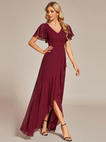 1 x RAW Customer Returns Ever-Pretty Long Bridesmaid Dress with Ruffles with Slit V-Neck Short Sleeves Elegant Burgundy Bridesmaid Dress 52 - RRP €76.99