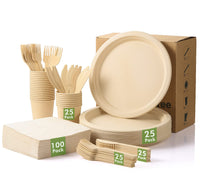 1 x RAW Customer Returns LEKOCH Disposable 100 Bamboo Pulp 10inch Plates, Cutlery, Paper Napkins, Cups Party Set, Biodegradable Disposable Bamboo Pulp Tableware Set for 25 Guests - RRP €30.24