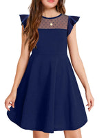 1 x RAW Customer Returns Arshiner Girl s Dress Solid Color Wave Sleeve Mesh A Line Skater Dress Party Dress with 2 Side Pockets Casual Summer Dresses 11-12T Navy Blue 150 - RRP €25.69