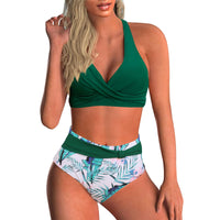 1 x RAW Customer Returns Baynetin Women s Two-Piece Swimsuit V-Neck High Waist Push Up Padded Floral Print Sports Bra Bikini Set Green Leaves, S  - RRP €25.99