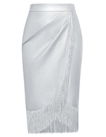 1 x Brand New Belle Poque Women s Pencil Skirt Knee-Length Leather Skirt with Fringes Sheath Skirt with Slit Party Cocktail Clubwear Silver L - RRP €28.22