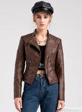 1 x Brand New Vcindai women s short leather jacket lapel collar leather jacket biker jacket zipper transition jacket - RRP €40.28