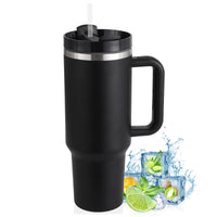 1 x RAW Customer Returns PRAOAHEI 40oz Thermal Mug with Straw and Handle, 1180 ML Double Walled Stainless Steel Hot Cold Drinks Vacuum Drinking Cup, Coffee Mug for Home Travel Black - RRP €27.6