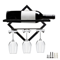 1 x RAW Customer Returns Metal Wall Mounted Wine Holder Stemware Glass Rack, Upgrade Collapsible Wall Hanging Red Wine Rack Organizer with 3 Stemware Holders, Black Wine Bottle Hanger for Home Kitchen Bar Wall Decor - RRP €18.14