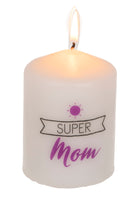 2 x Brand New White pillar candle with inscription motif, table decoration, approx. 27 hours burning time, approx. 6 x 8 cm Super Mom  - RRP €25.06