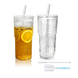 1 x RAW Customer Returns Maygone 2 Pack Clear Striped Glass Water Cups with Lid and Straw Bubble Tea Cups Juice Milk Drinking Cups Travel Mugs 570ml - RRP €20.16