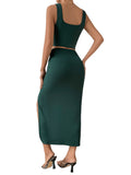 1 x RAW Customer Returns GORGLITTER summer two-piece set women s leisure suit with tank top and skirt 2-piece outfitwear skirt holiday top midi skirt set with slit dark green L - RRP €31.99