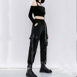 1 x RAW Customer Returns MEINVQIAOTI Black Cargo Pants for Women Techwear Loose Women Street Rock Style Casual Black Pants with Chain Goth Trousers Black,L  - RRP €37.3