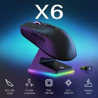 1 x RAW Customer Returns VGN GAMEPOWER Attack Shark X6 Superlight Wireless Gaming Mouse with RGB Charging Station, 49g Ultralight Mouse, 26000DPI, PixArt PAW3395, 2.4G BT Wired, Up to 200 Hours Battery, G502, PC Mac, Black - RRP €54.99