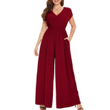 1 x RAW Customer Returns Tanmolo Women s Jumpsuit Elegant Summer Sleeveless V-Neck Overall Wide Leg Romper With Pockets Wine Red, 2XL  - RRP €48.85