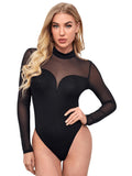 1 x RAW Customer Returns GORGLITTER Mesh Body Women s Transparent Mesh Bodysuit Long Sleeve Bodysuits Mesh Top Slim Bodies with Stand-Up Collar Black S - RRP €23.18