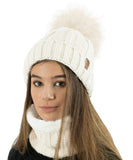 1 x RAW Customer Returns TOSKATOK Women s Winter Rib Pearl Beanie Bobble Hat with Warm Cozy Fleece Liner Large Faux Fur with Pom Poms Cream Set - RRP €27.6