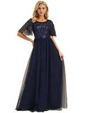 1 x RAW Customer Returns Ever-Pretty Empire Style Evening Dresses Short Sleeves A-Line Elegant Round Neckline Women Tulle Navy Blue 40 - RRP €79.99