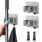 1 x Brand New CYIOU Pack of 4 broom holder, self-adhesive broom holder, wall broom holder made of stainless steel 2 razor hooks, wall hooks, no drilling required, used for kitchen, bathroom, garden, kitchen send glue  - RRP €24.0