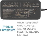 1 x RAW Customer Returns 19V 6.32A 120W AC Charger Adapter Compatible for ASUS A15-120P1A PA-1121-28 ADP-120RH B N750 N500 G50 N53S N55 FX504 UX510UW N56J N56VM N56VZ Laptop Power Supply Cable - RRP €31.98