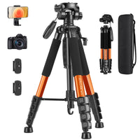 1 x RAW Customer Returns JOILCAN Camera Tripod, 187cm Aluminum Lightweight Tripod for Canon Nikon DSLR with Removable 3-Way Head, Portable Smartphone Tripod Photo Tripod Load Capacity 5KG with Phone Holder Orange  - RRP €41.58